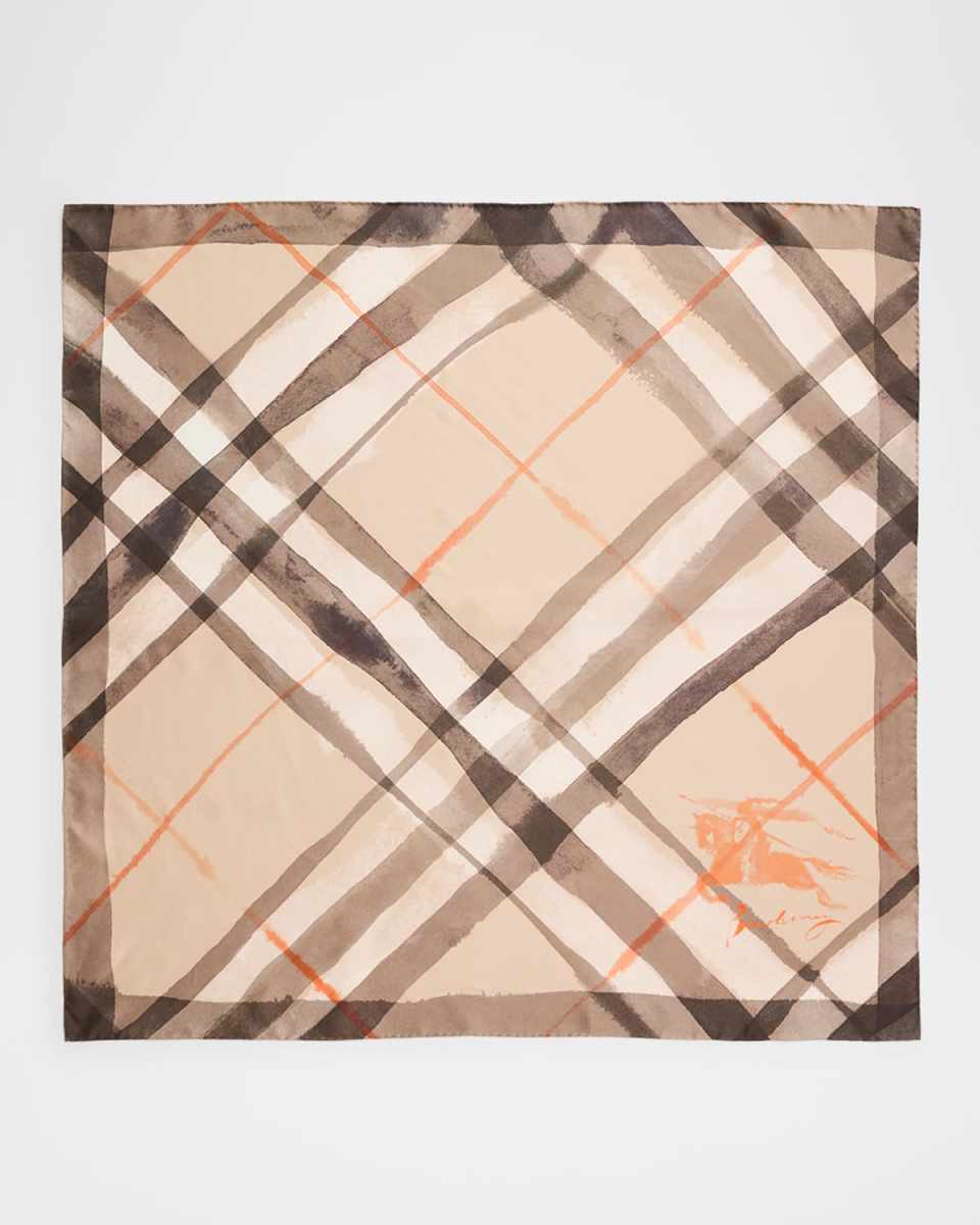 Watercolor Check-Print Silk Scarf